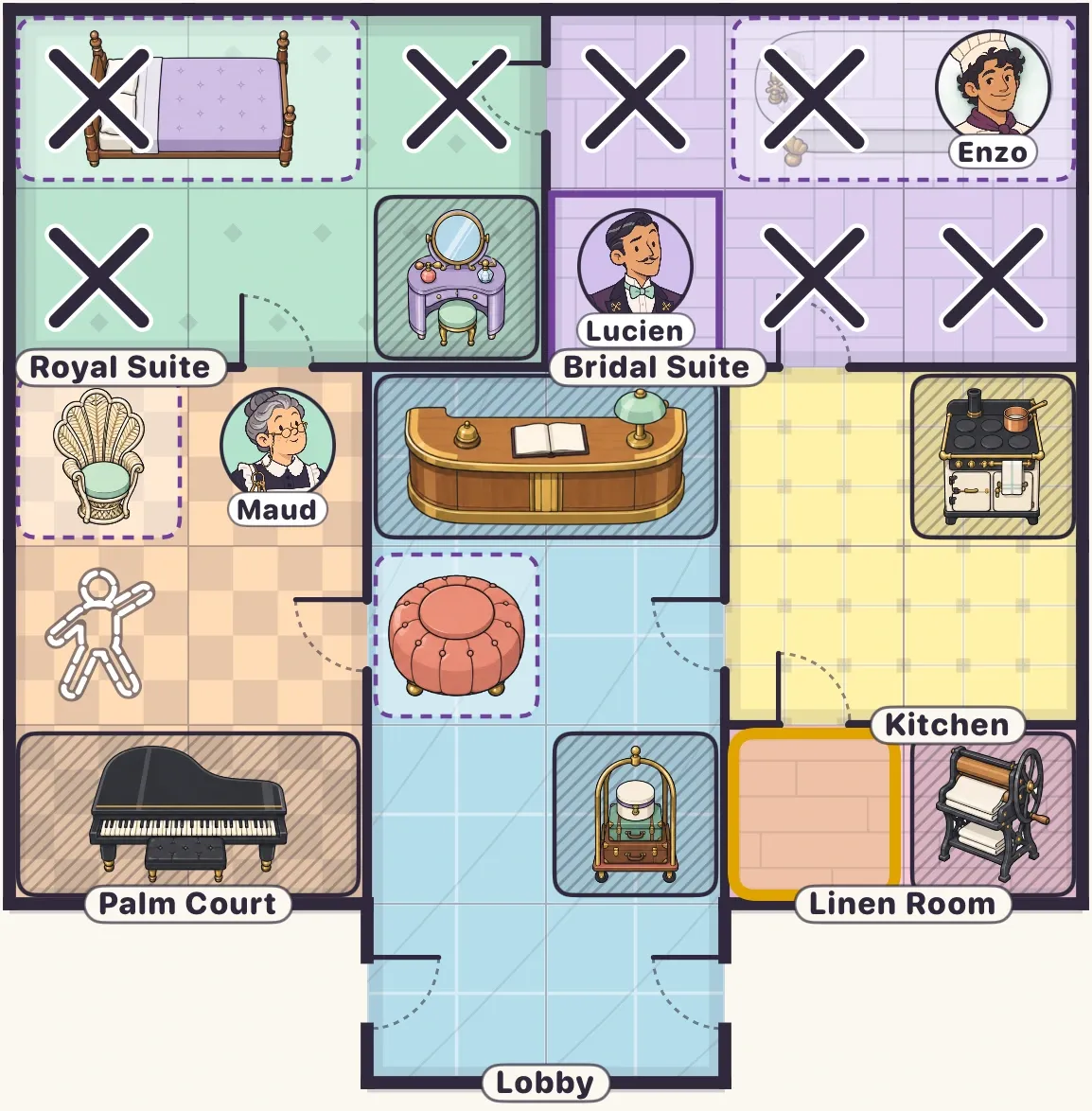 An UnMask board: a hotel floor plan with suspects placed in rooms and crossed-out cells